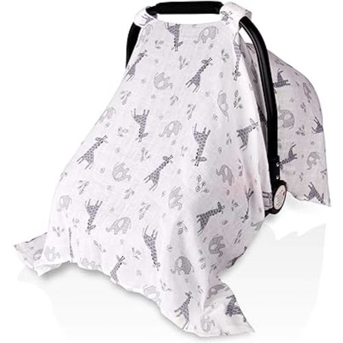 Baby Car Seat Covers for Boys Girls, Metplus Muslin Infant Carseat Canopy, Lightweight Breathable Newborn Carrier Canopies Stroller Cover, Universal Fit Large Size 47.2 x 35.4 inch, Elephant Giraffe