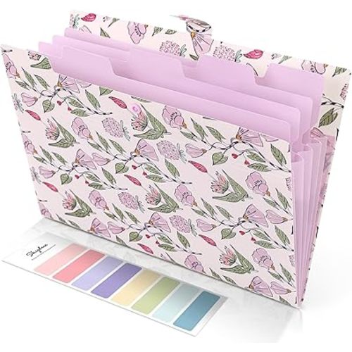SKYDUE Accordion File Organizer, Floral Expanding File Folders with 5 Pockets, Cute Document Organizer for Paper Bills Receipt Storage, School Office & Hospital Supplies Letter/A4 Size Light Purple