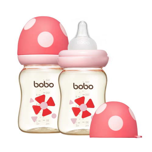 Mushroom Cap PPSU Bottles,with S Nipple,5.4 ounce,Wide-neck Baby Bottle,2-pack,Red