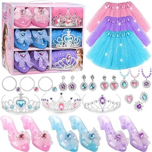 Princess Dress Up Toys, Jewelry Boutique Kit, 3 Color Skirts, Shoes, Crowns, Girls Toys for 3 4 5 6 Year Old