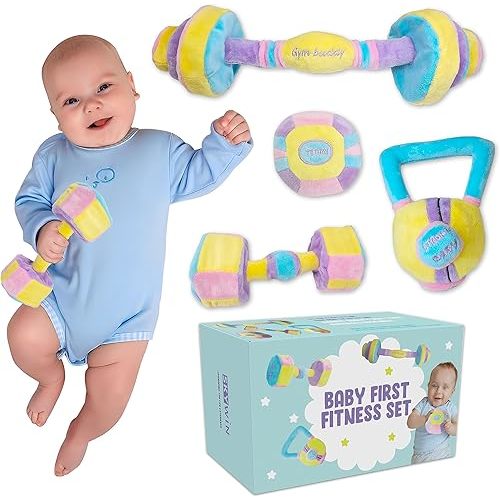 Skywin Baby Weights Photo Props - Dumbbell, Kettlebell, Barbell, and Plush Medicine Ball Workout Toys (Purple)
