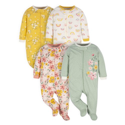 Gerber Baby Girl Sleep 'n Play Footed Pajamas, 4-Pack