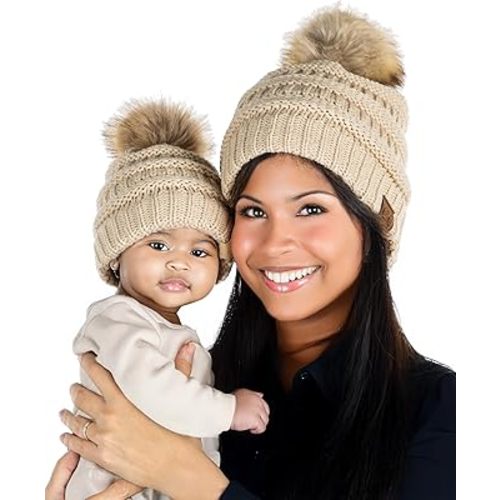 Funky Junque Mommy and Me Matching Pom Pom Beanies Set - Winter Hats for Women and Kids - Basketweave