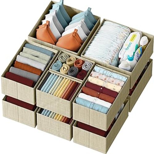 Drawer Organizer Clothes Set of 12 Beige - Dresser Organizer For Nursery, Bedroom, Closet - The Perfect Baby Clothes Organizer and Storage & General Nursery Organization or Dresser Drawer Organizers