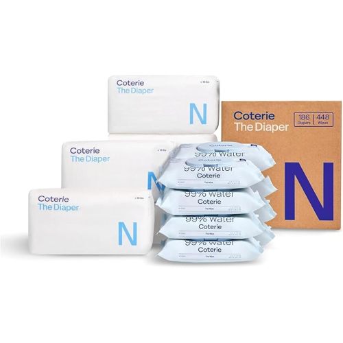 Coterie Baby Wipes + Diapers Kit, Size 1 (99 Count) & Size Newborn Diapers (93 Count), 8 Pack (448) Baby Wipes with 99% Water, Plant Based Materials, Hypoallergenic for Sensitive Skin