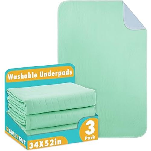 Washable Underpads,34 x 52 (3 Pack), Washable Toddler Mattress Incontinence Pads for Elderly, Adults, Kids and Pets, Reusable Waterproof Bed Underpads, Absorbent Leak Proof.