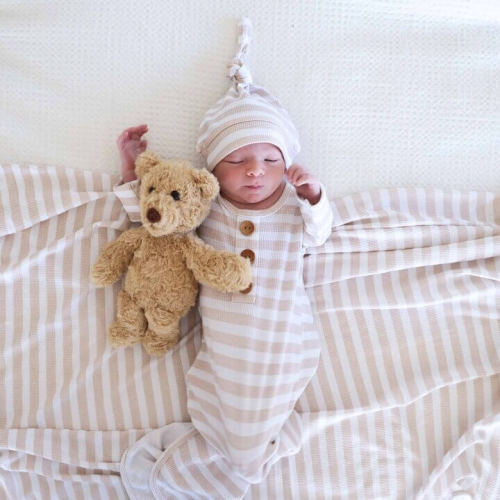 Latte Stripes Waffle Newborn Baby Knot Gown & Hat Set