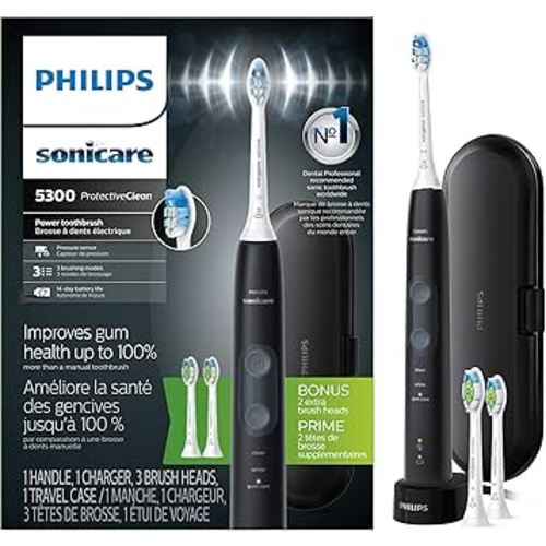 Philips Sonicare ProtectiveClean 5300 Rechargeable Electric Toothbrush, with Pressure Sensor, 3 Cleaning Modes, SmarTimer and QuadPacer, with 2 Bonus Brush Heads, Travel Case, Black, Model HX6423/34