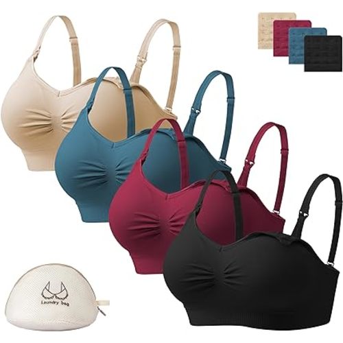 Angelhood Nursing Bra for Breastfeeding with Removable Bra Pads Seamless Nursing Bra with Support, Pack of 4