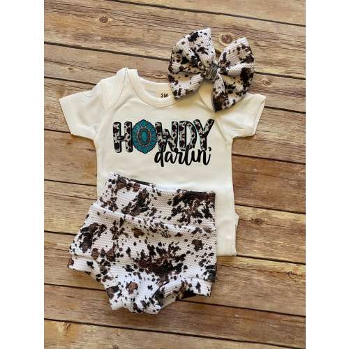 New Release! HOWDY DARLIN Baby Girl Soft Knit Bummies and Bow Set - cowhide
