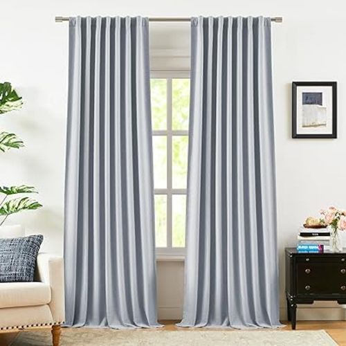 Vision Home Blue Fog Linen Full Blackout Curtains 90 inch Long for Bedroom Living Room Darkening Soundproof Window Panels Thermal Insulated Rod Pocket Back Tab Neutral Drapes 56" Wx90 Lx2