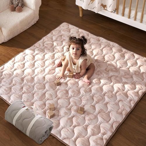 Momcozy Baby Play Mat for Floor, 50x50 Thickened Playpen Mat, Playmate for Baby Tummy Time, Waterproof & Non-Slip, Foldable Outdoor Mats with Carrying Handle, Leopard Heart