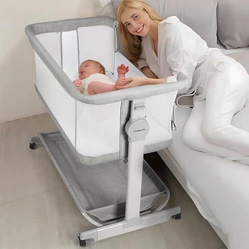 Cowiewie Bassinet Bedside Sleeper, Baby Bassinet 10 Major Functions to Meet All The Needs of Newborn Bedside Bassinets with Wheels (Grey)