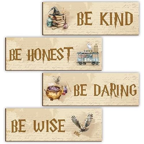 4 Pcs Magical Wizards Wall Decor, Magical Wizards Wooden Wall Sign, Teen Boys Room Decorations, Magical School Hanging Wall Decorations, Magical Teenager Gifts for Boys Girls Bedroom Nursery Play Room