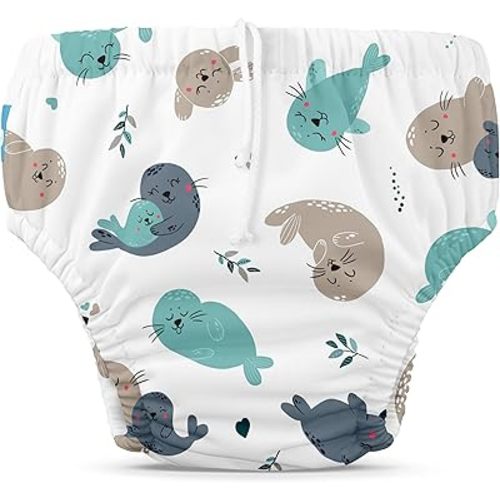 Charlie Banana Reusable Swim Diaper, Washable, Adjustable Drawstring for Baby Girls Boys, Soft and Snug Waterproof Fit to Prevent Leaks - Seally, Size S (12-20 lbs.)