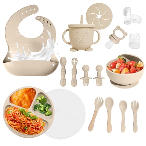 Baby Led Weaning Supplies, 17 Piece BPA-Free Silicone Feeding Set, Eating Essentials Baby Utensils with Suction Plate and Bowl, Pocket Bib, Sippy Cup with Lid, for 6+ Months, Beige
