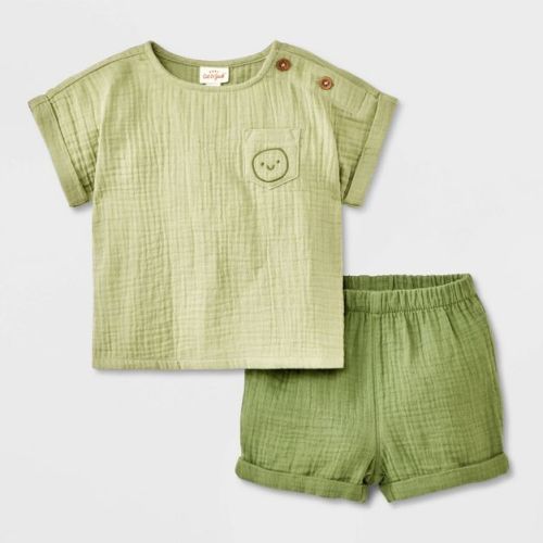 Baby Boys' 2pc Smiley Embroidered Pocket Gauze Shorts Set - Cat & Jack™ Green