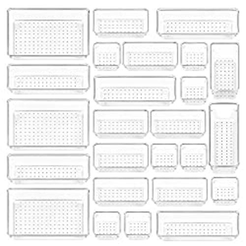 Vtopmart 25 PCS Clear Plastic Drawer Organizers Set, 4-Size Versatile Bathroom and Vanity Drawer Organizer Trays, Storage Bins for Makeup, Bedroom, Kitchen Gadgets Utensils and Office