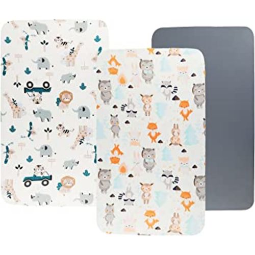 Tontukatu Bassinet Sheet Set 3 Pack (32" x 19") Compatible with Mika Micky, Baby Delight, Dream On Me Bassinet Mattress, Jersey Knit Ultra Soft Flexible for Baby Boys Girls,Elephant Tiger,Fox & Grey