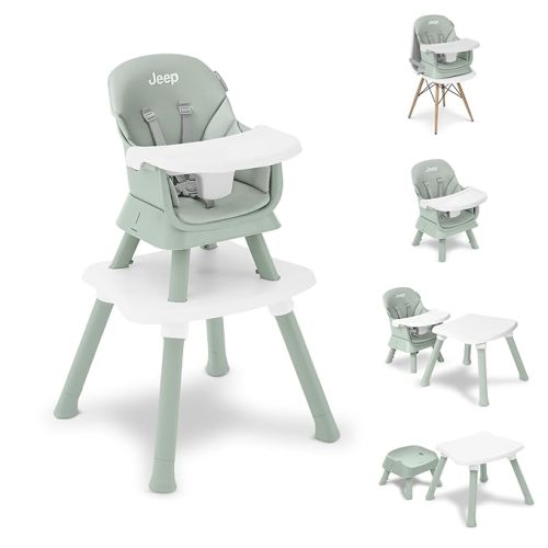 Jeep Milestone 6-in-1 High Chair by Delta Children High Chair Converts to Stool, Booster Seat, Toddler Chair, Activity Table and Desk and Chair, Sage Green
