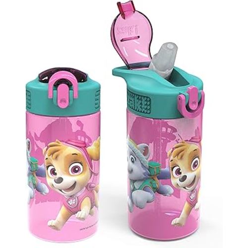 Zak Designs Kids Durable Plastic Spout Cover and Built-in Carrying Loop, Leak-Proof Water Design for Travel, (16oz, 2pc Set), Paw Patrol Skye Bottle 2pk