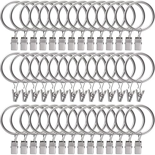44 Pack Curtain Rings with Clips Hooks 1.26 inch Rustproof Matte Metal Stainless Steel Drapery Rings for Tension Rod Bracket Eyelets Decorative Hangers, Matte Silver (1.26" Interior Diameter)