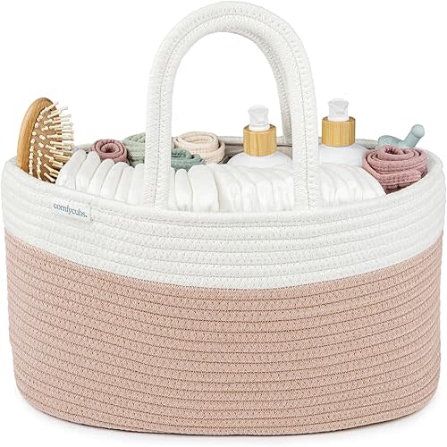 Comfy Cubs Rope Diaper Caddy Organizer 8.5" x 15" x 8" - Large Baby Diaper Basket with 3 Spacious Compartments - Stylish Cotton Baby Caddy Organizer for Diapers, Wipes & Essentials - Blush