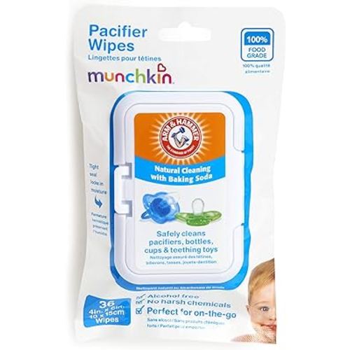 Munchkin Arm & Hammer Pacifier Wipes - Safely Cleans Breast Pump Parts and Feeding Essentials for Baby and Toddler, 1 Pack, 36 Wipes
