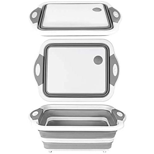 QiMH Collapsible Cutting Board with Colander - Foldable Multi-function Kitchen Plastic Silicone Dish Tub - Washing and Draining Veggies Fruits Food Grade Sink Storage Basket
