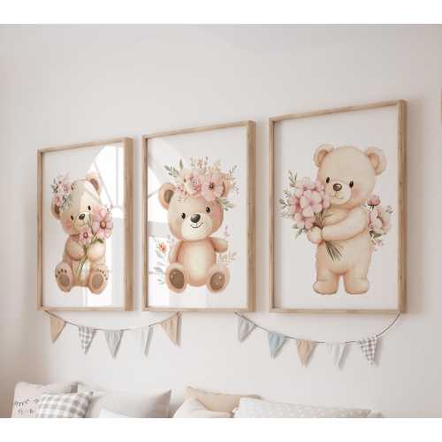 Set of 3 Teddy Bear Prints, Pink Flower Wall Art Set, Wildflower Posters Modern Art, Kids Bedroom Decor, Girl Nursery Decor, Playroom Prints