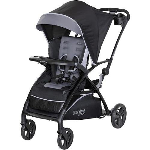 Baby Trend Sit N' Stand 5-in-1 Collapsible Kids Shopper Stroller with Shaded Canopy Visor, Extendable Storage Basket, and 2 Cup Holders, Stormy
