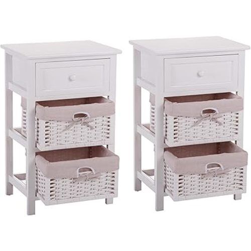 JAXPETY Set of 2 Fully Assembled Nightstand with 2 Wicker Baskets, Wooden Bedside Sofa Table, Mid Century Modern End Table for Bedroom Living Room Children's Room, White