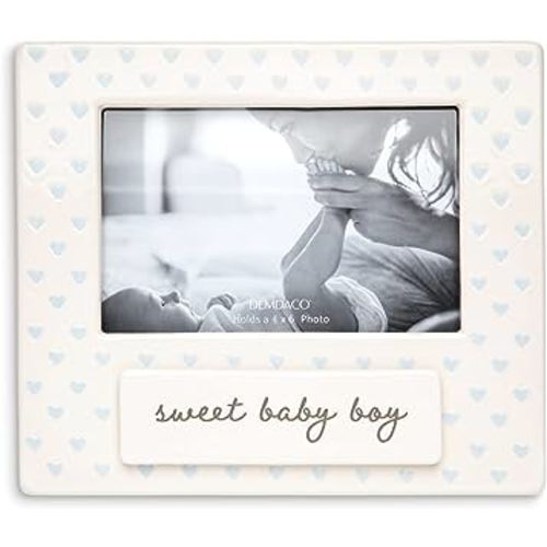 DEMDACO Sweet Baby Boy Blue Holds 4 x 6 Inch Photo Ceramic Wall or Tabletop Frame
