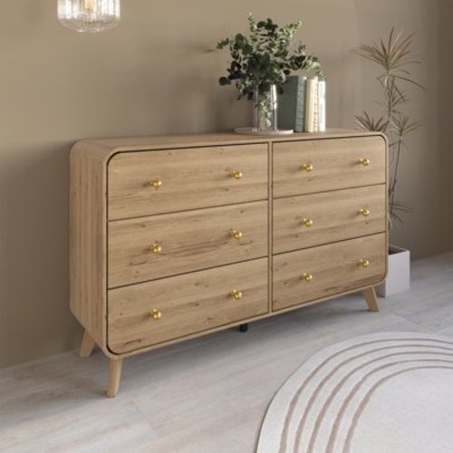 Castle Place Mid-Century 6 Drawer Wooden Dresser, Light Oak