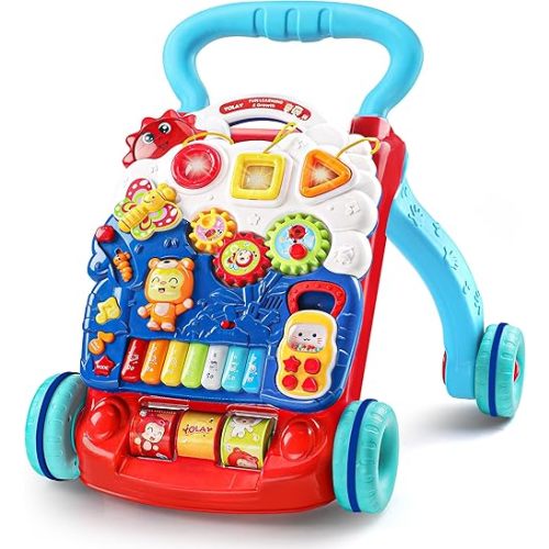 YOLAY Baby Walker Push with Wheels, Sit-to-Stand Walker for Baby Boy and Girl 6-12 Months with Detachable Play Panel, Stable Handle, Early Learning Activity for Kids - Blue