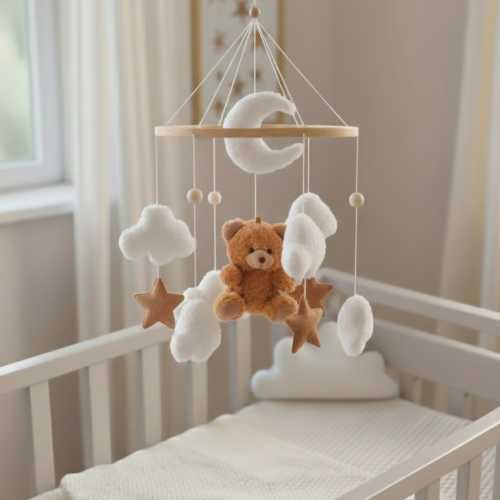 Baby Crib Mobile Teddy Bear, Handmade Baby Mobile with Teddy Bear, Clouds, Stars & Moon – Soft Nursery Decor, Ideal Baby Shower Gift