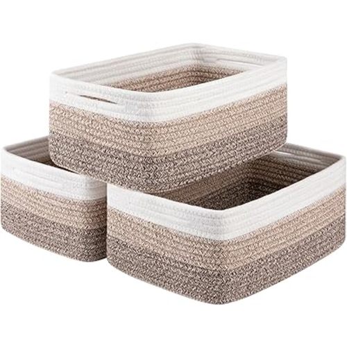 3 Pack Small Storage Baskets for Organizing, Cute Woven Decorative Gift Baskets for Shelves, Mini Closet Organizer Bins with Handles-13''Lx8.66''Wx5.11''H-Brown White