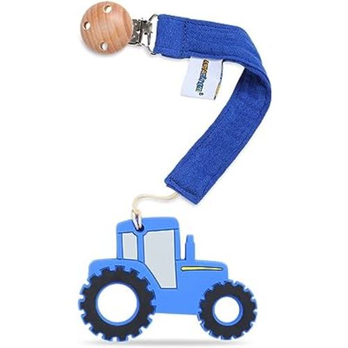 Baby Food Grade Silicone Tractor Car Teether Toy with Pacifier clip Holder,Teething Pain Relief Toys Gift Set for 3 Months+ Boys and Girls,Freezer Safe,BPA Free (Blue)