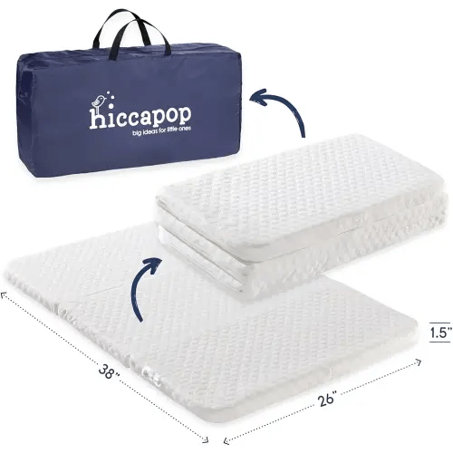hiccapop Tri-fold Pack and Play Mattress Pad for Travel (38"x26"x1.5") with Carry Bag, Playard Mattress for Pack and Play, Pack N Play Mattress Topper with Washable Cover, 1.5" Thick