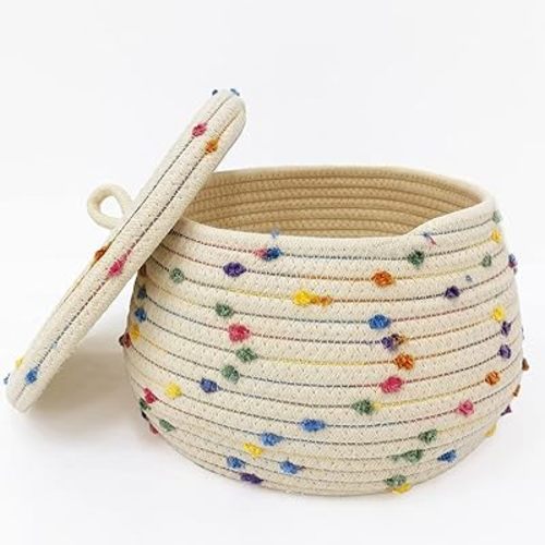 Small Rope Basket with Lid,10x6 Small Round Woven Storage Basket with lid for Organizing, Small Decorative Toy Basket with Colorful Rainbow Pompom, Cute Storage Bin Box for Toys, Gifts…