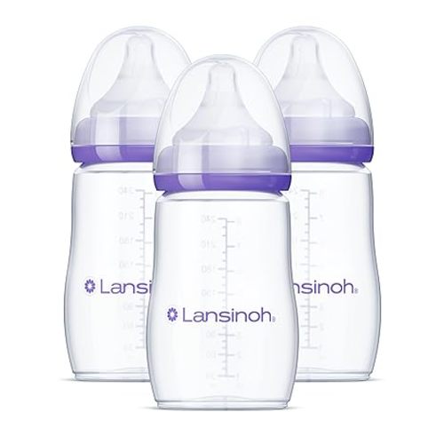 Lansinoh Anti-Colic Baby Bottles for Breastfeeding Babies, 8 Ounces, 3 Count, Includes 3 Medium Flow Nipples, Size M - 3 Count (Pack of 1)