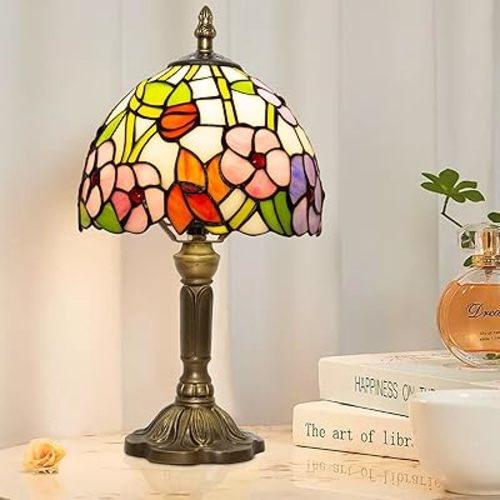 Small Tiffany Table Lamp, 3 Color Temperature, 8 Inch Antique Stained Glass Lamp for Bedroom Living Room Home, Handcrafted Light, Included Bulb (F Four Leaf Flower)