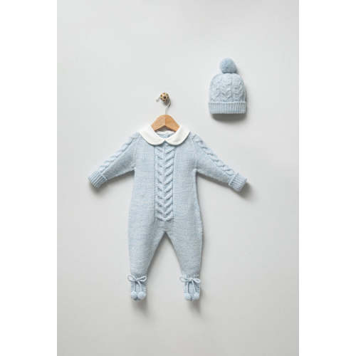 Beautiful Blue Knitted Babygrow/Matching hat 2 piece set.