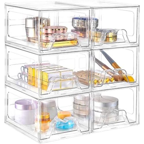 6 Pack Stackable Makeup Organizer, 4.4'' Tall Acrylic Bathroom Makeup Organizer and Storage Drawer with Pull-out Handle, Clear Plastic Storage Bins for Vanity,Pantry,Desk,Undersink,Kitchen