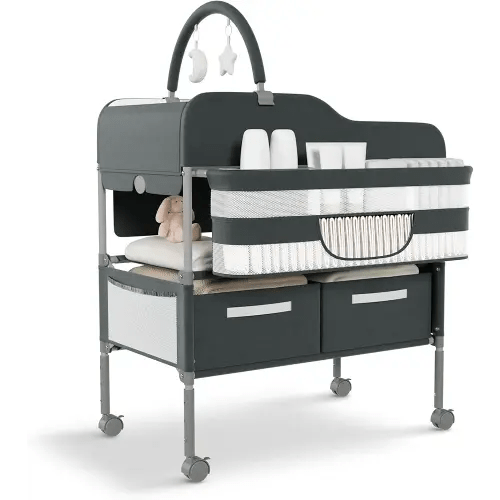 Portable Baby Changing Table with Wheels - Modern Dresser Changing Tables w/Hanging Toys, Laundry Bag, Changing Table Organizer Boxes - Folding Waterproof Baby Diaper (Dark Grey)