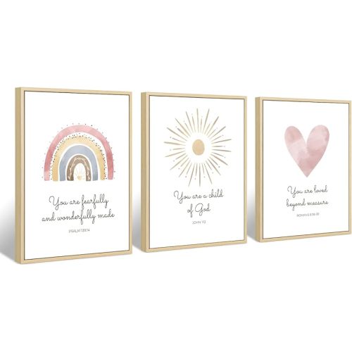Boho Nursery Wall Art 3 Pieces Bible Verse Nursery Art Christian Girls Nursery Wall Art Heart Rainbow Sun Nursery Art Print Boho Sunshine Nursery Decor for Girl Baby Kid Room Decor 12x16 Inch FRAMED