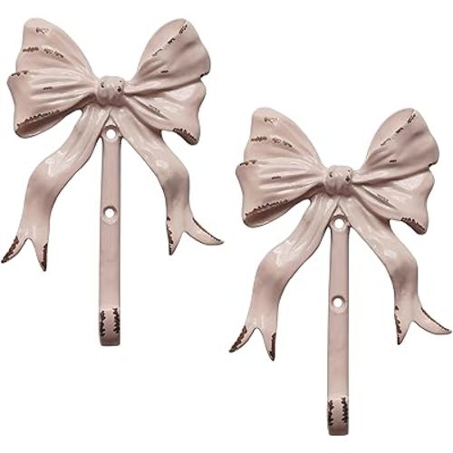 Enchanting Pink Bow Wall Hooks - Pack of 2 | Shabby Chic Vintage Style | Easy Installation | Sturdy Metal Hooks for Clothes, Bags, Towels, Hats