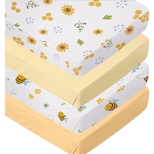 4 Pack Bees Crib Sheets for Girls Breathable Fitted Standard Crib Sheets Crib Sheets Girl for Standard Crib Mattress Baby Gift Set