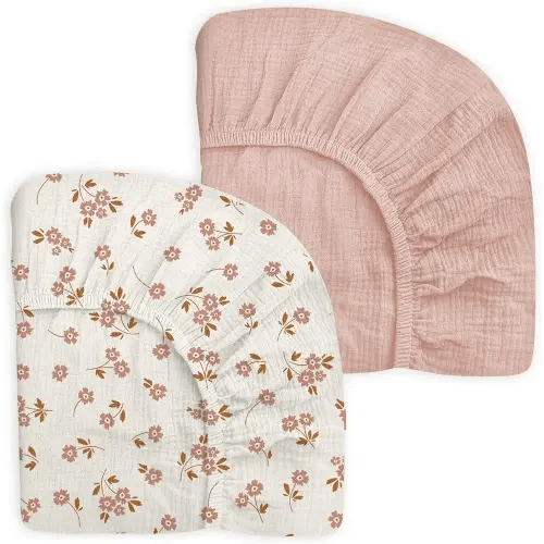 Pack and Play Sheets for Baby Boy and Girl 2 Pack, Neutral Muslin Cotton Pack N Play Mattresses Sheet 27"x39", Muslin Nursery Bedding Soft and Breathable Comfort (Floral & Pink)