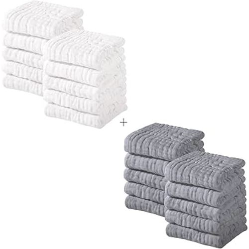 Yoofoss Muslin Baby Washcloths 100% Cotton Face Towels 20 Pack Wash Cloths for Baby 12x12in Soft and Absorbent Baby Wipes (White & Grey)